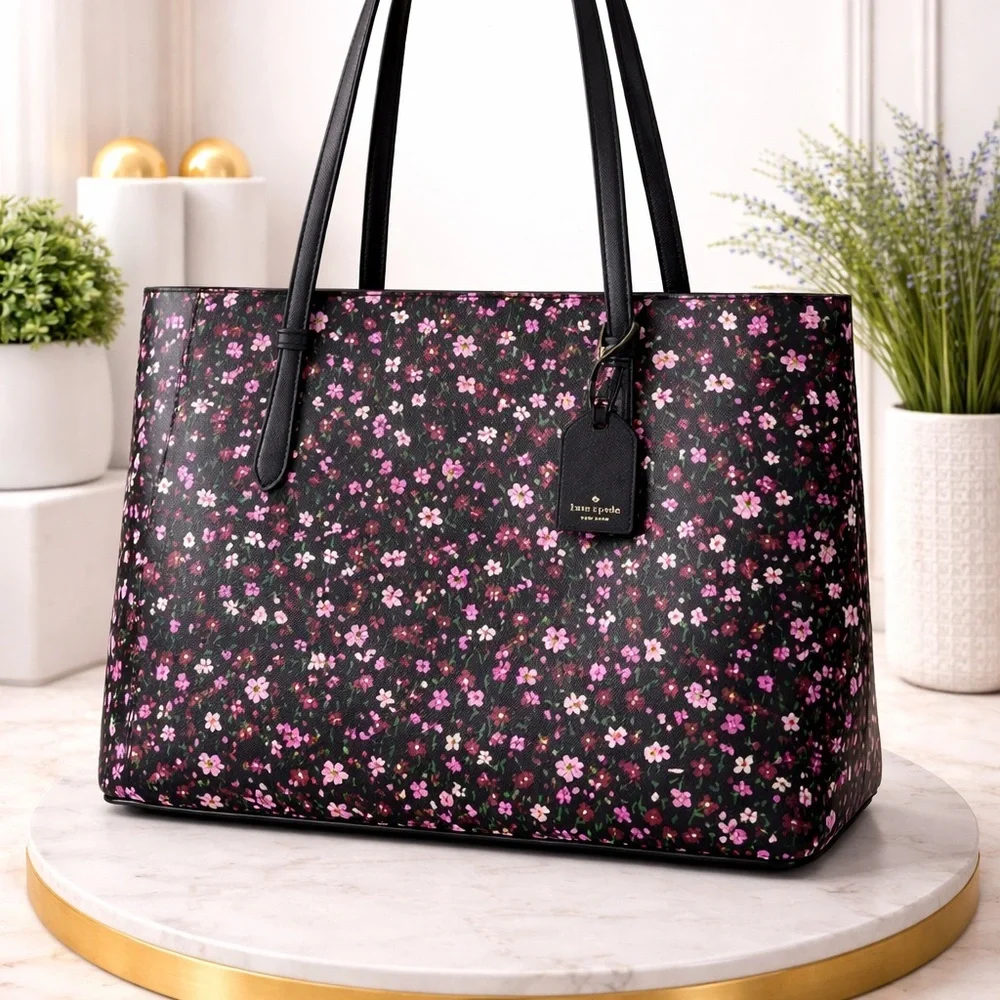Kate Spade Schuyler Saffiano Floral Black Pink Tote Shoulder‎ Large Bag